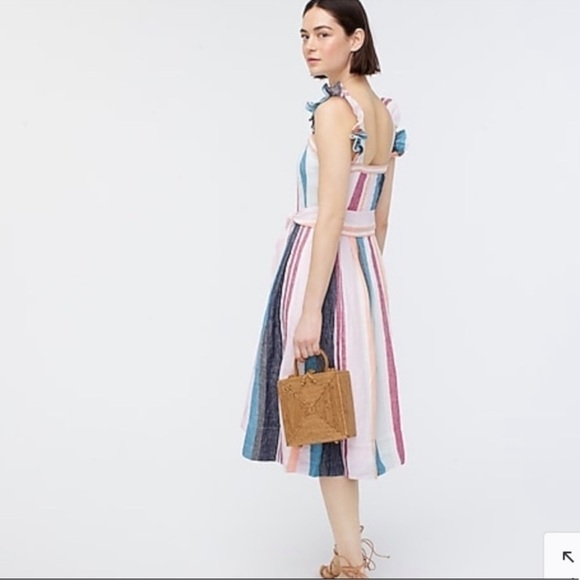 Jcrew Linen Stripe Midi Dress Button Up Ruffle Shoulder - Picture 2 of 9